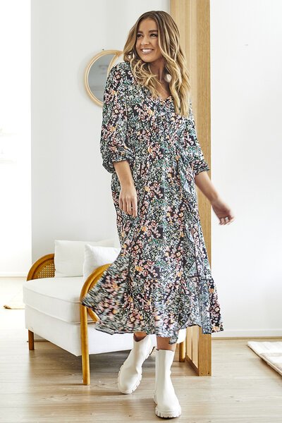 Sass June Long Sleeve Floral Midi Dress-new-Preen