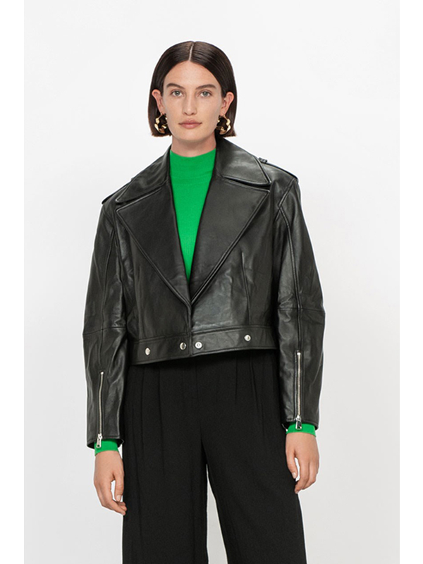 Veronika Maine Structured Leather Biker Jacket