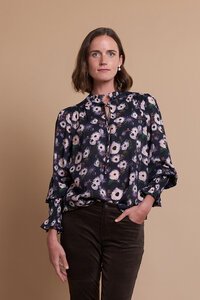 Memo Print Shirred Tie Front Blouse