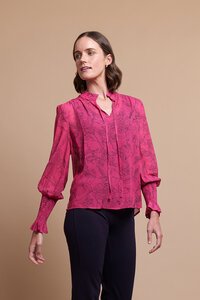 Memo Print Shirred Tie Front Blouse