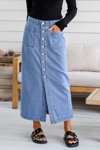 Country Denim Button Front Maxi Skirt-new-Preen