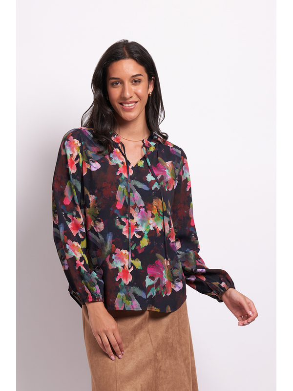 Foil Ruffle Neck Elastic Cuff Blouse