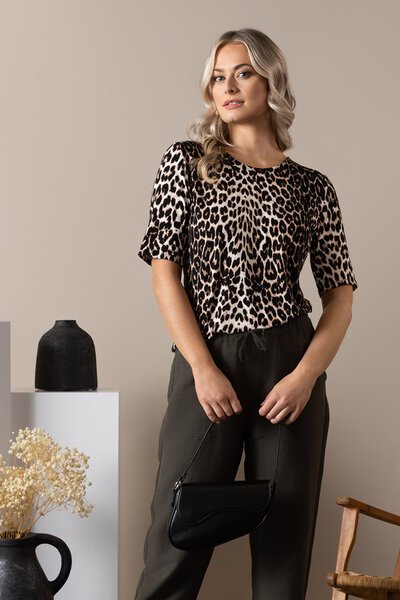 Vassalli 3-4 Sleeve Round Neck Top - Leopard-new-Preen