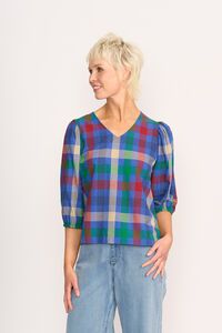 Memo Check Volume Sleeve V Neck Top