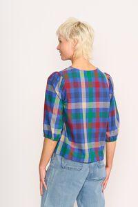 Memo Check Volume Sleeve V Neck Top