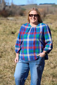Memo Check Pintuck Volume Sleeve Top