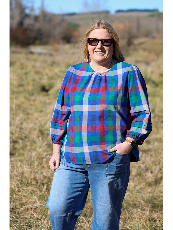 Memo Check Pintuck Volume Sleeve Top