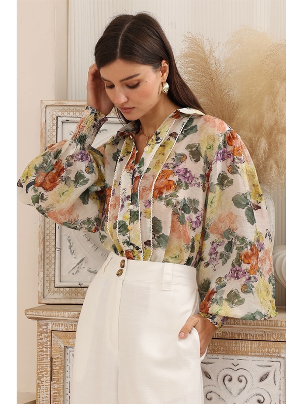 Iris Maxi Painterly Floral Lace Trim Blouse