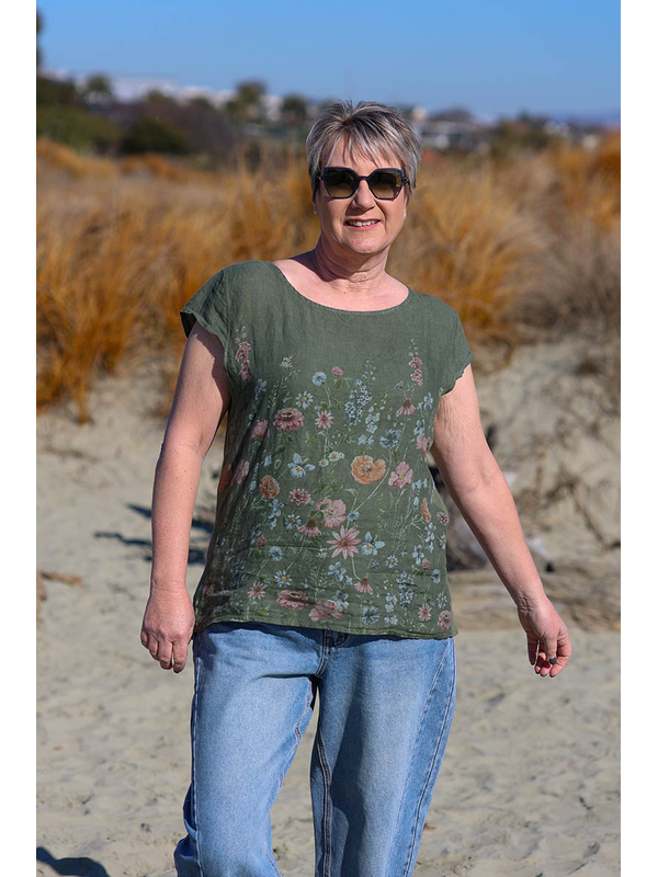 Puro Lino Rib Panel Linen Floral Top