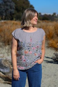 Puro Lino Rib Panel Linen Floral Top