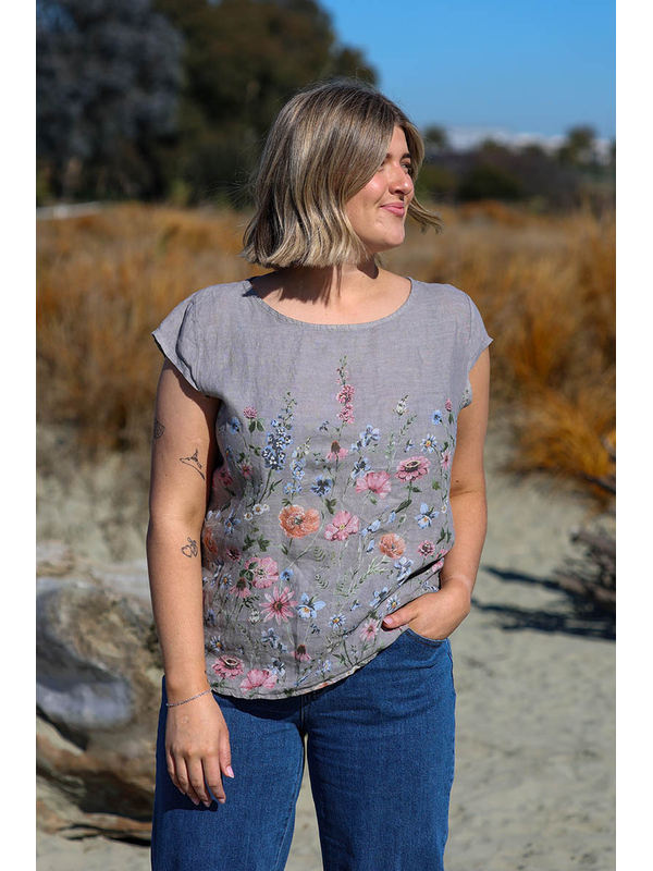 Puro Lino Rib Panel Linen Floral Top