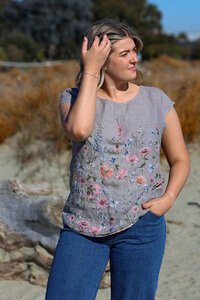 Puro Lino Rib Panel Linen Floral Top