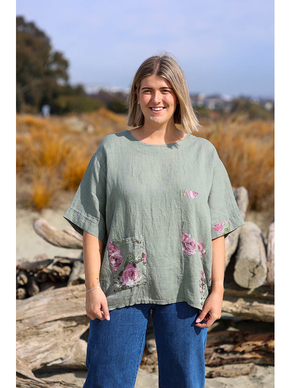 Puro Lino Pocket Linen Floral Top