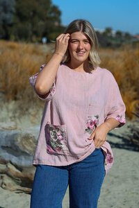 Puro Lino Pocket Linen Floral Top