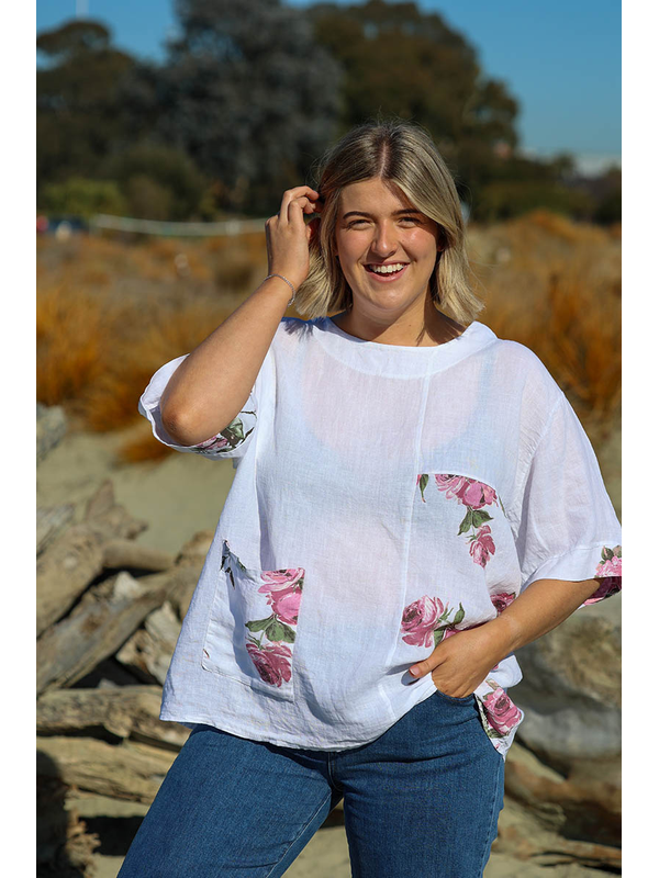 Puro Lino Pocket Linen Floral Top