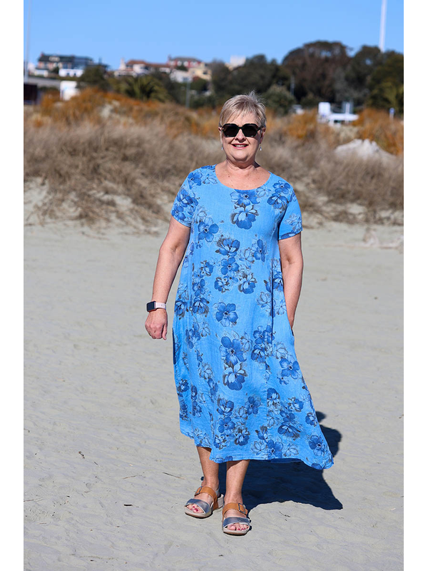 Puro Lino Rib Sleeve Linen Floral Dress