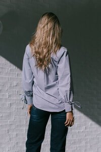 White Poetry Drawstring Sleeve Stripe Shirt