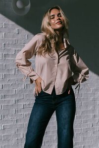 White Poetry Drawstring Sleeve Stripe Shirt