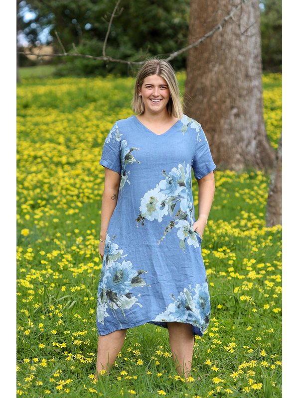 AE Luxe V Neck Floral Linen Dress