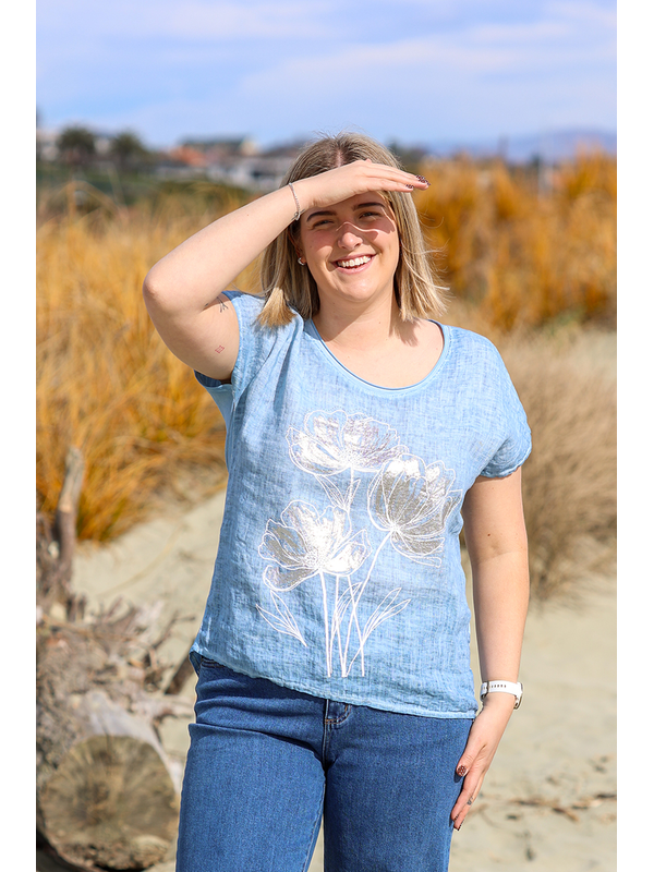 AE Luxe Silver Floral Linen Top
