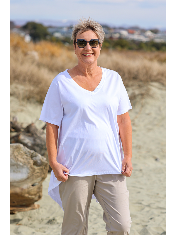 White On Black Long Waterfall V-Neck Top