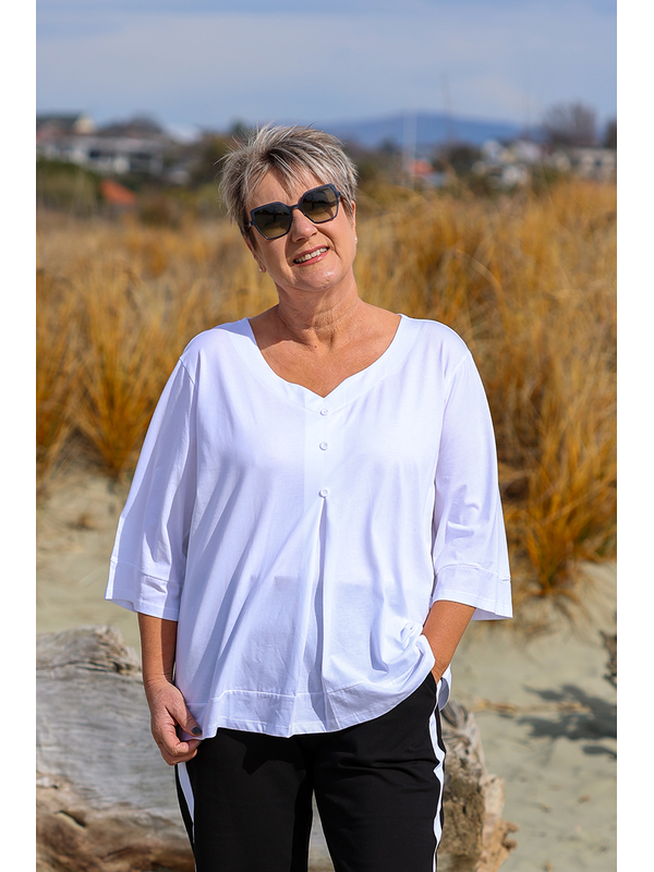 White On Black 3 Button V-Neck Top