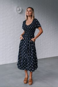 Grace & Co Shirred Body Polka Dot Midi Dress