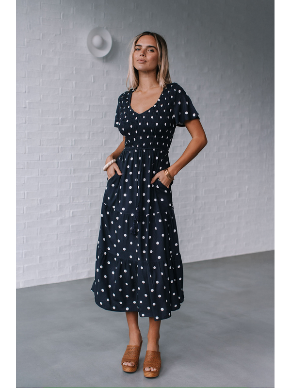 Grace & Co Shirred Body Polka Dot Midi Dress