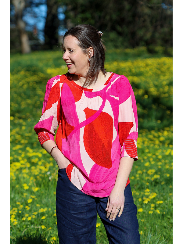 Foil Scoop Hem Shirr Cuff Top