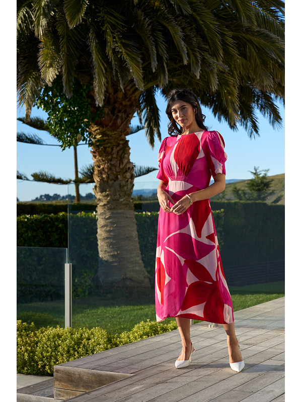 Foil Gathered Sleeve Dress