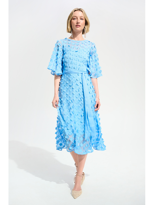 Joseph Ribkoff 3D Embroidered Belted Chiffon Dress 