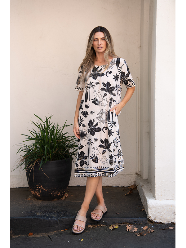 Worthier Noir Fleur Linen Blend Dress