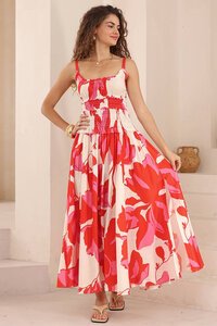Iris Maxi Stylised Hibiscus Shirred Dress