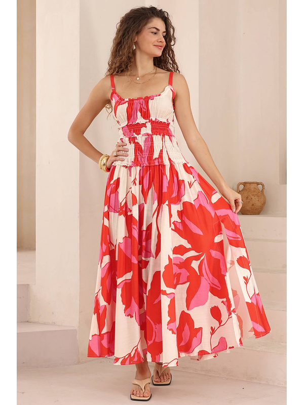 Iris Maxi Stylised Hibiscus Shirred Dress
