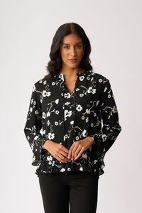 Foil Ruffle Neck Scoop Hem Top