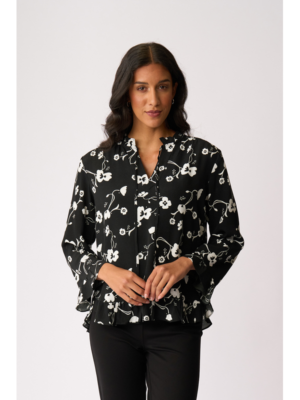 Foil Ruffle Neck Scoop Hem Top