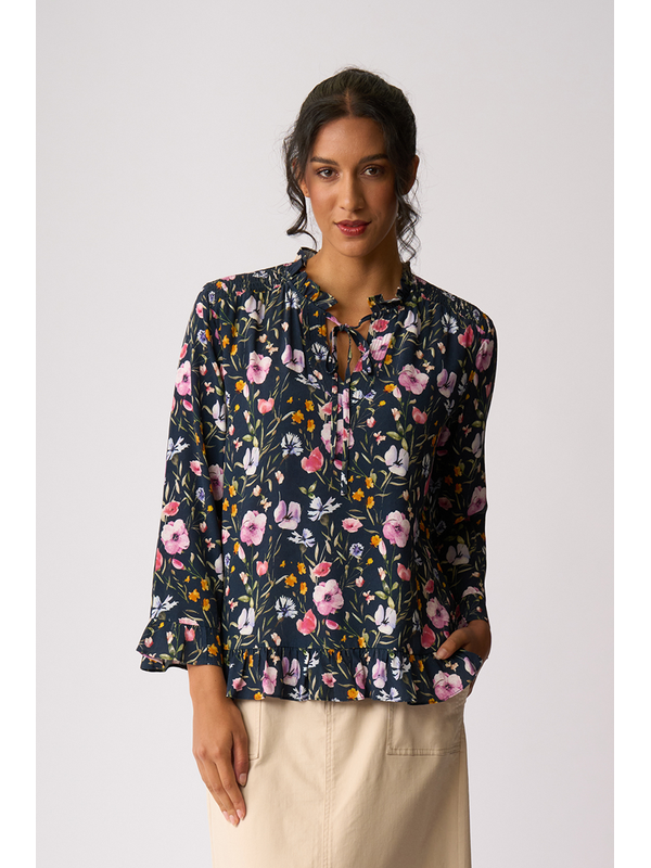 Foil Ruffle Neck Scoop Hem Top