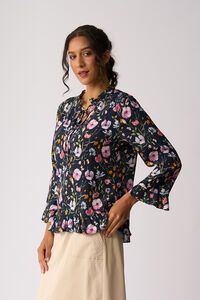 Foil Ruffle Neck Scoop Hem Top