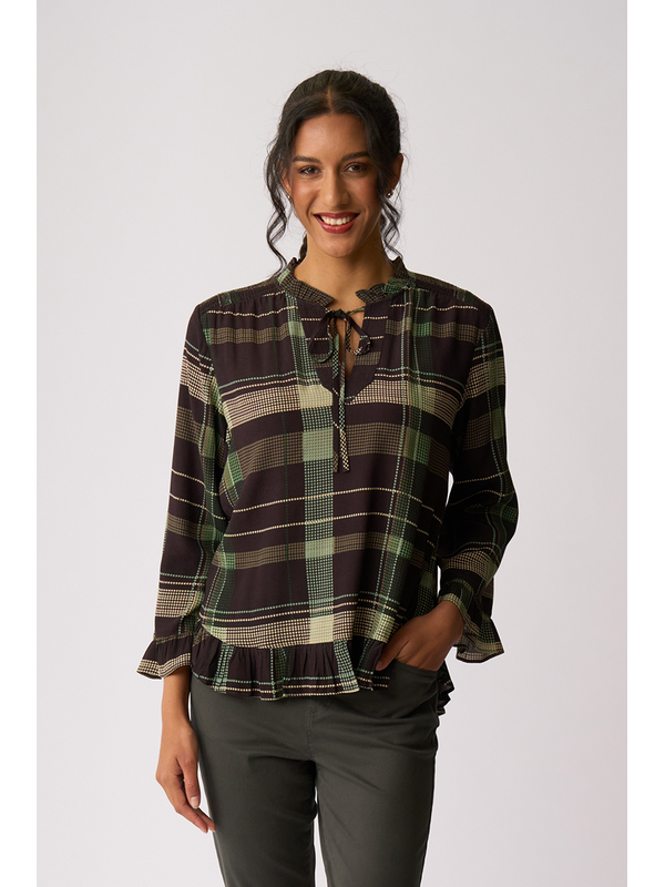 Foil Ruffle Neck Scoop Hem Top