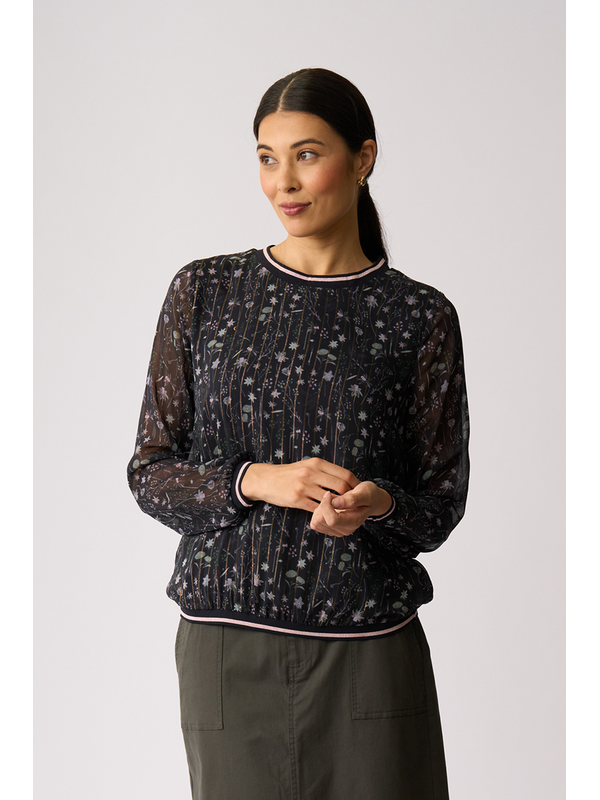 Memo Sheer Sleeve Rib Detail Top