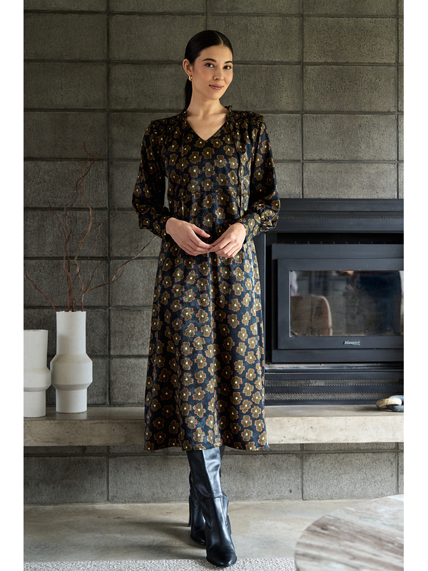 Foil Shirred Shoulder Dress