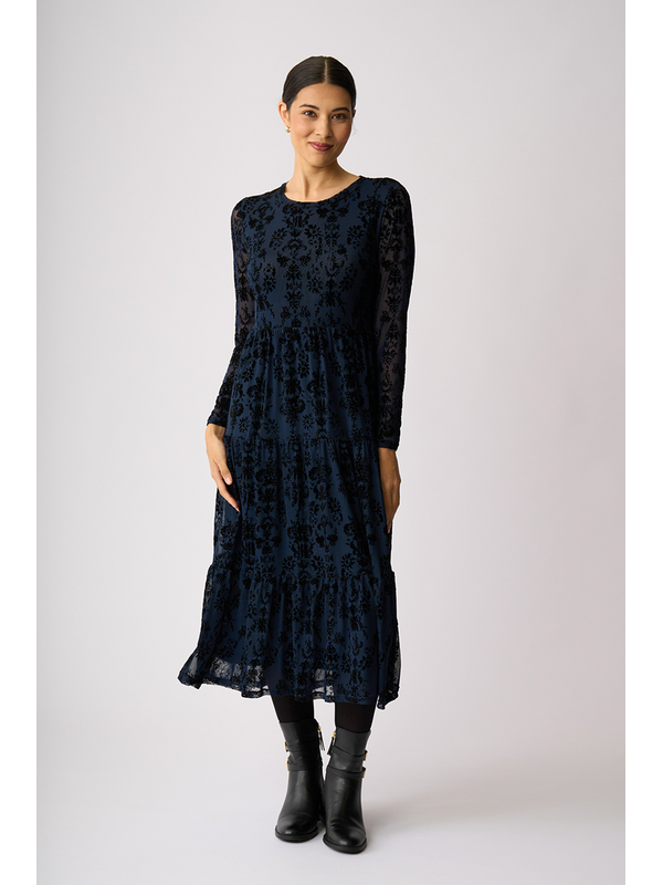 Foil Long Sleeve Tiered Hem Dress