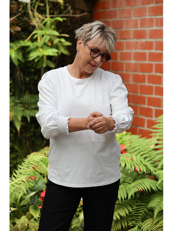White On Black Shirred Sleeve Top