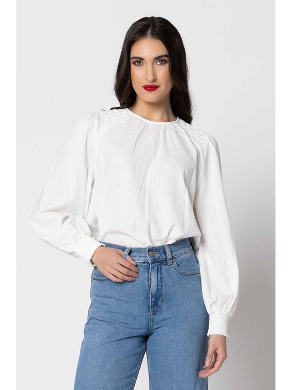 Seeking Lola Textured White Honeycomb Blouse
