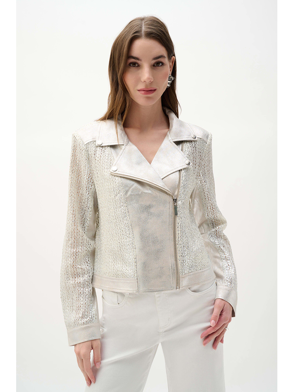 Joseph Ribkoff Faux Suede Foiled Knit Moto Jacket