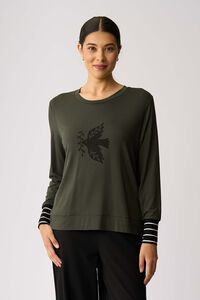 Foil Bird With Twig Stripe Cuff Top