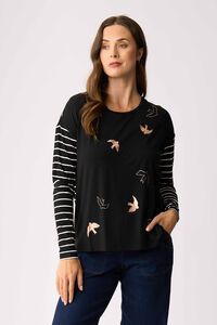Foil Metallic Birds Drop Shoulder Top