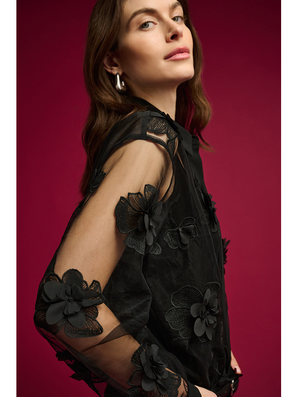 Joseph Ribkoff Sheer Textured Flower Appliqué Blouse