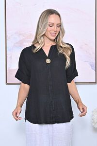 AE Luxe One Button V-Neck Plain Linen Top