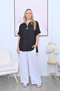 AE Luxe One Button V-Neck Plain Linen Top